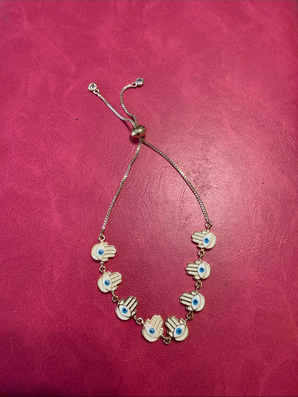 Evil Eye Hamsa Hand Adjustable Bracelet - Gold Tone with Blue Accents